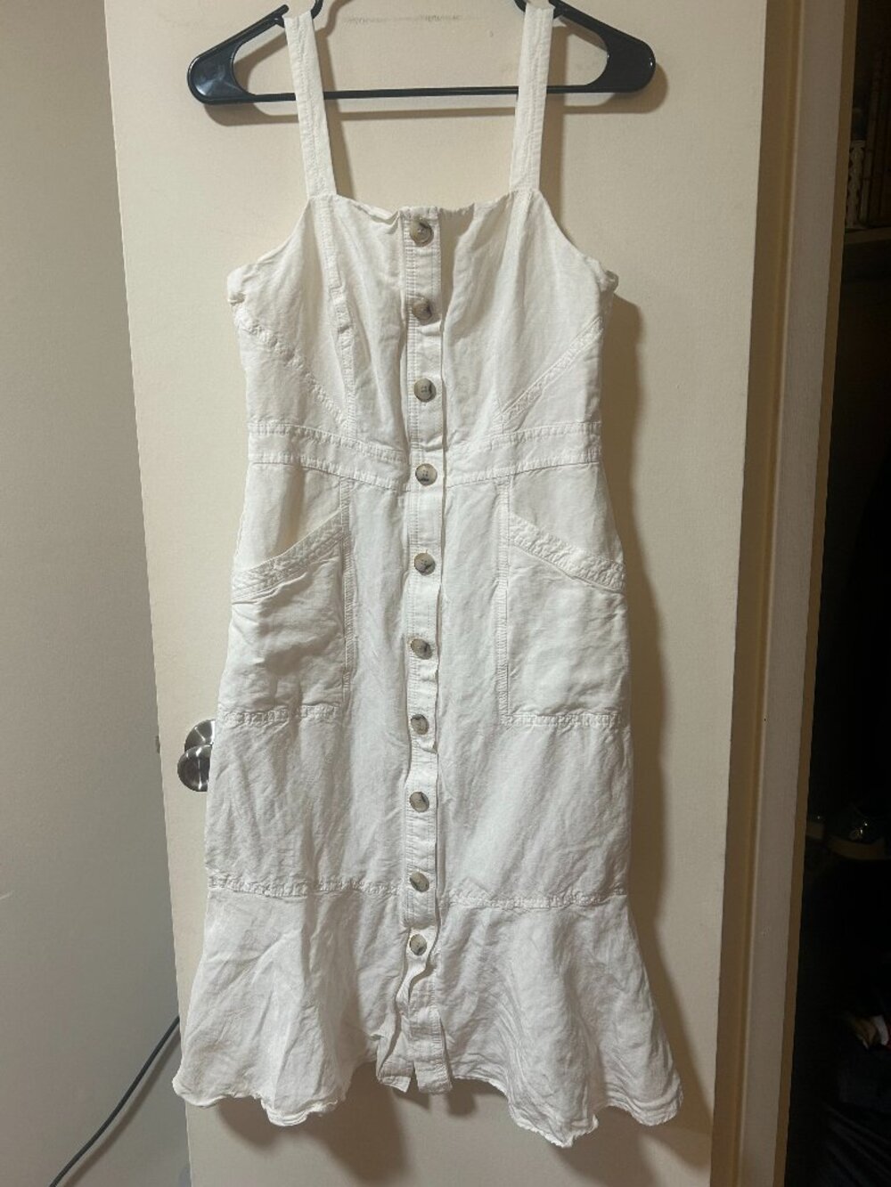 Banana Republic -- white midi dress, buttons all the way down, pockets